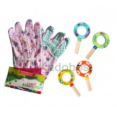 Houten loep met roze tuin handschoenen vlinder voor kids
